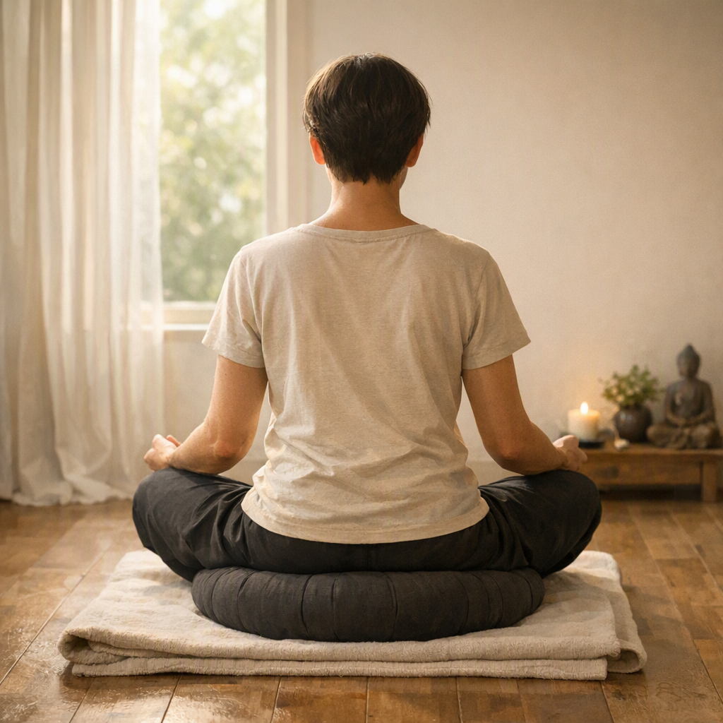 AI:Person sitting on zafu with blanket