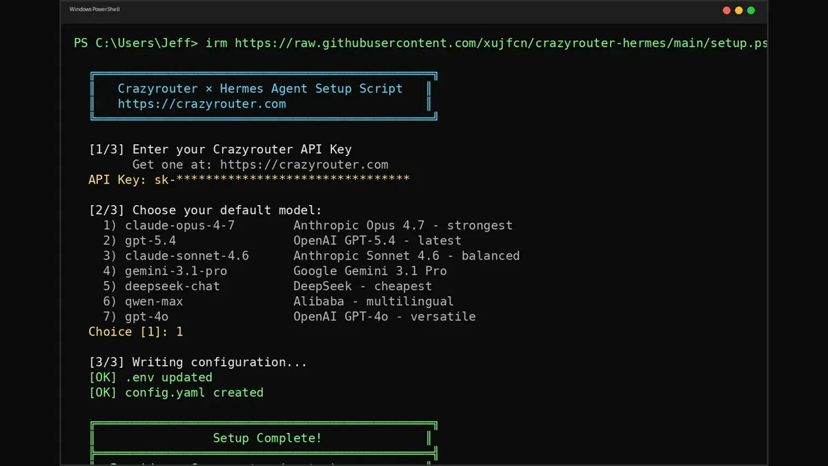 Hermes Agent + Crazyrouter: One-Click Setup for 627+ AI Models