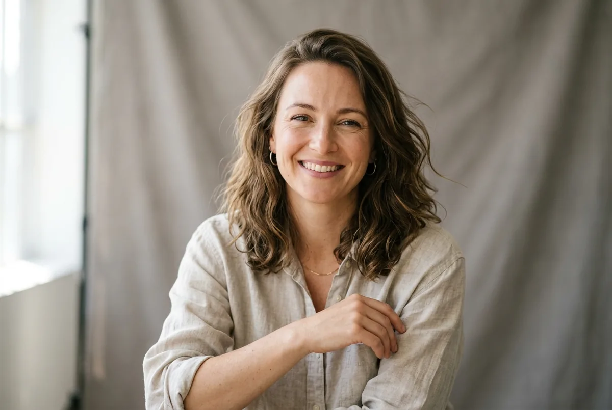 Studio portrait — Studio portrait of a smiling woman in her thirties wearing a linen shirt, natural window light, 85mm lens look, soft grey backdrop, photorealistic