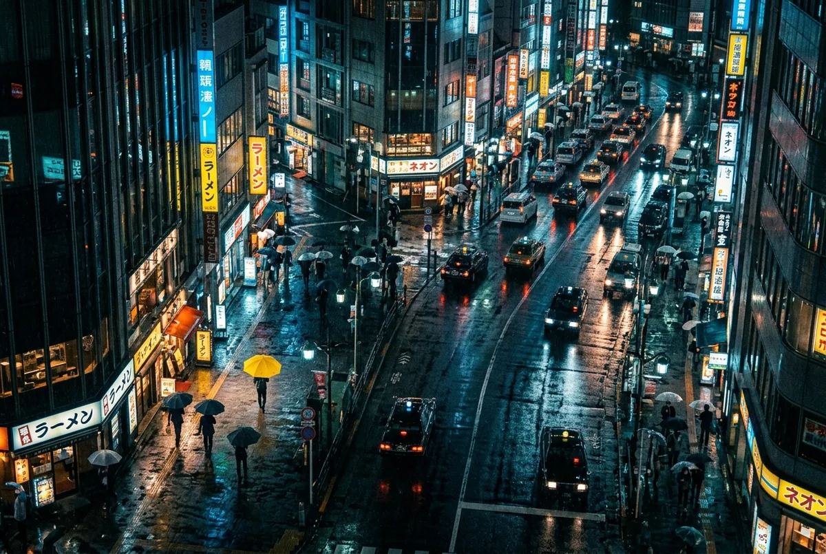 Night street, aerial — Top-down aerial view of a rain-soaked city street at night, neon signs reflecting on wet asphalt, a single yellow umbrella, cinematic, moody