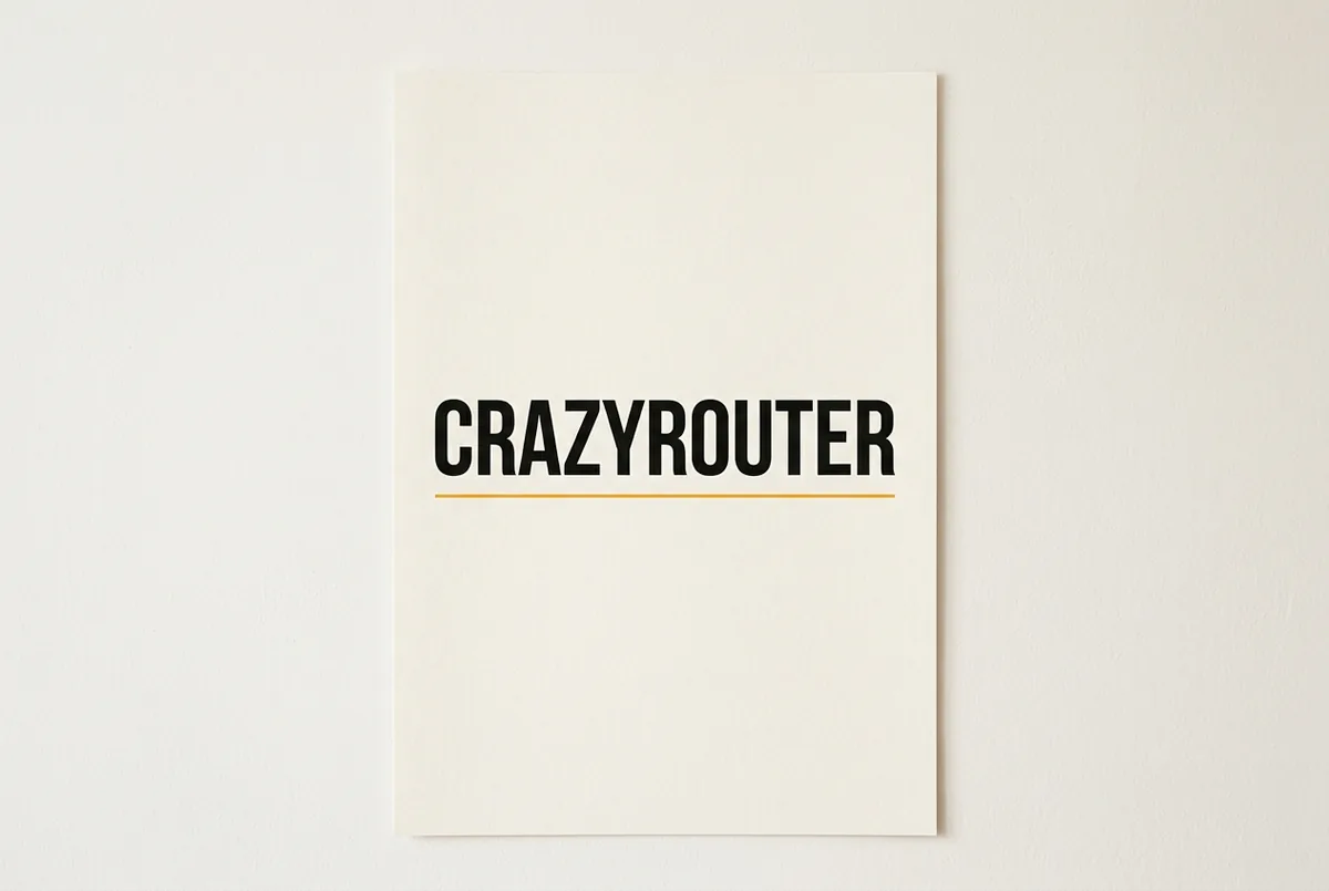 Typography poster — Minimal poster with the word CRAZYROUTER in bold black sans-serif letters centered on a warm off-white background, one thin amber underline, lots of negative space, print quality