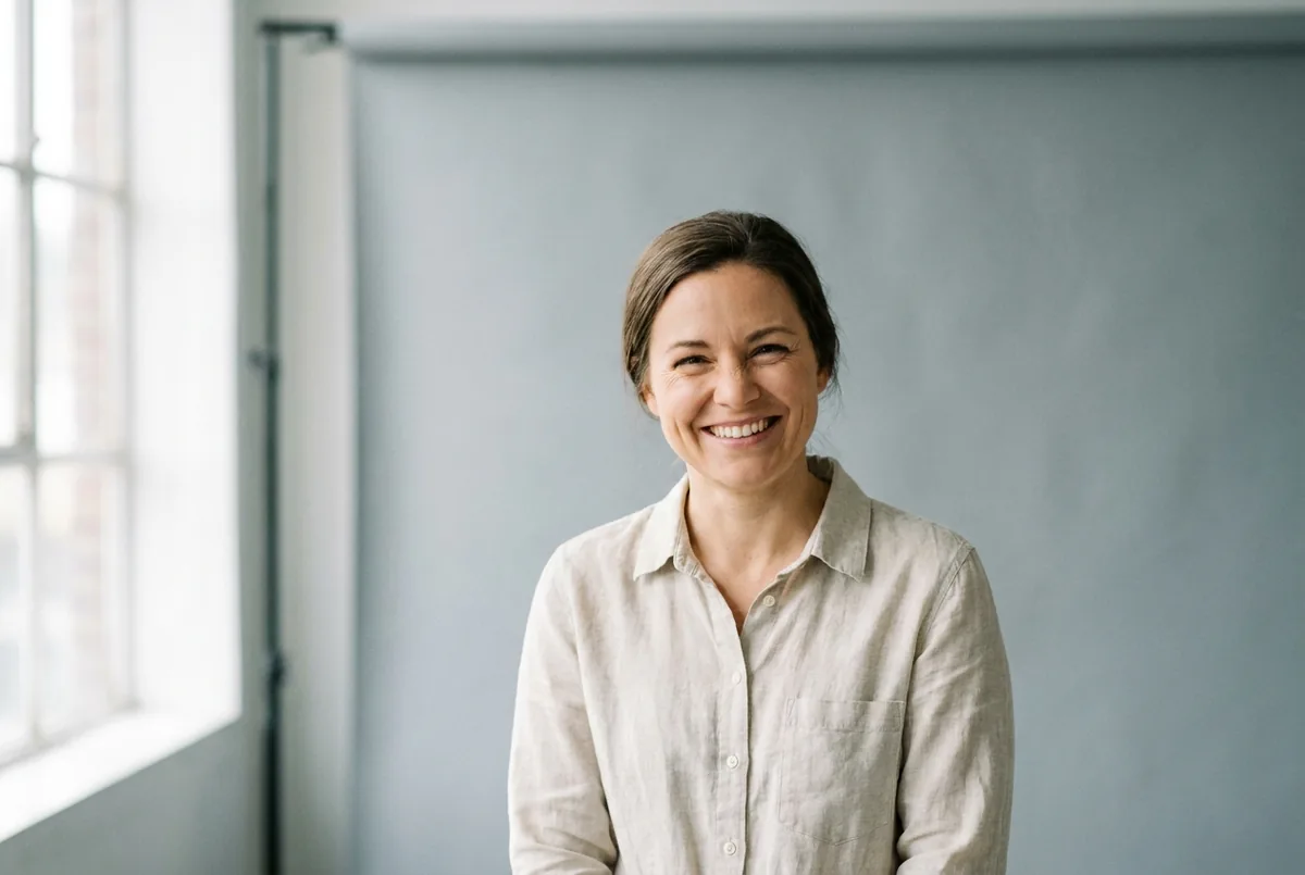 Studio portrait — Studio portrait of a smiling woman in her thirties wearing a linen shirt, natural window light, 85mm lens look, soft grey backdrop, photorealistic