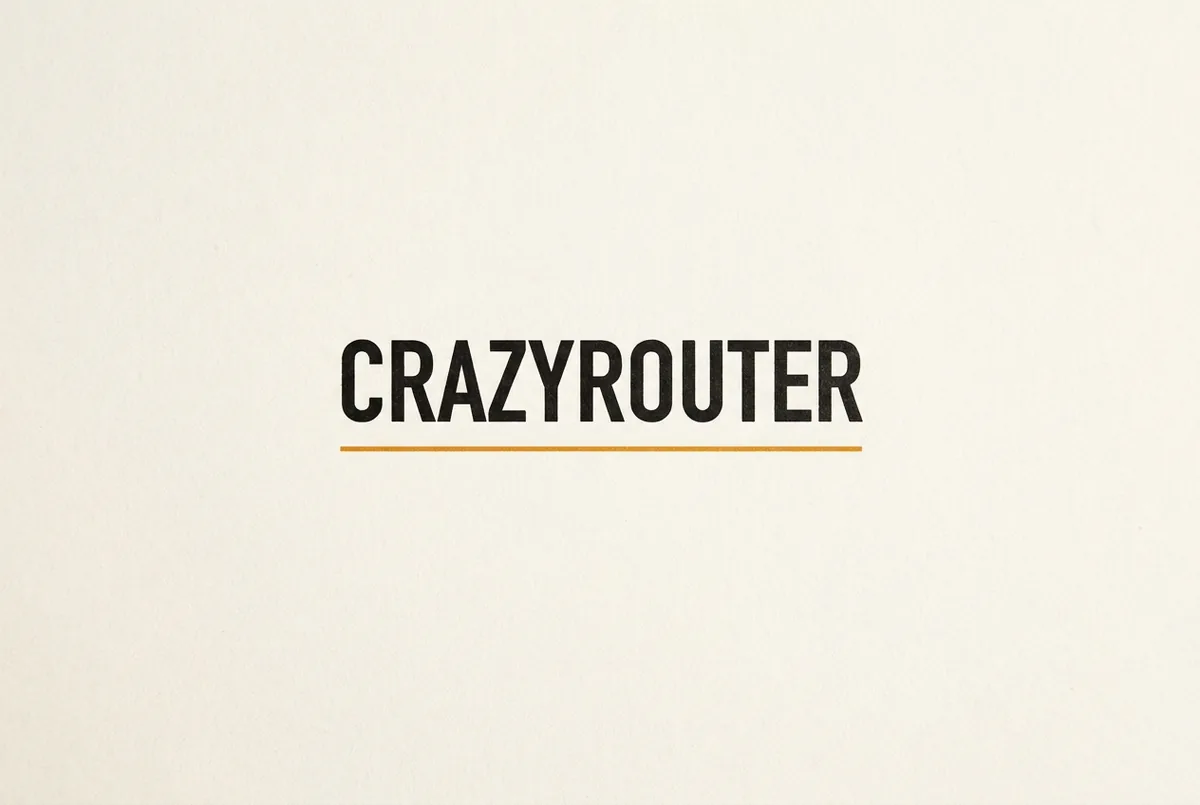 Typography poster — Minimal poster with the word CRAZYROUTER in bold black sans-serif letters centered on a warm off-white background, one thin amber underline, lots of negative space, print quality