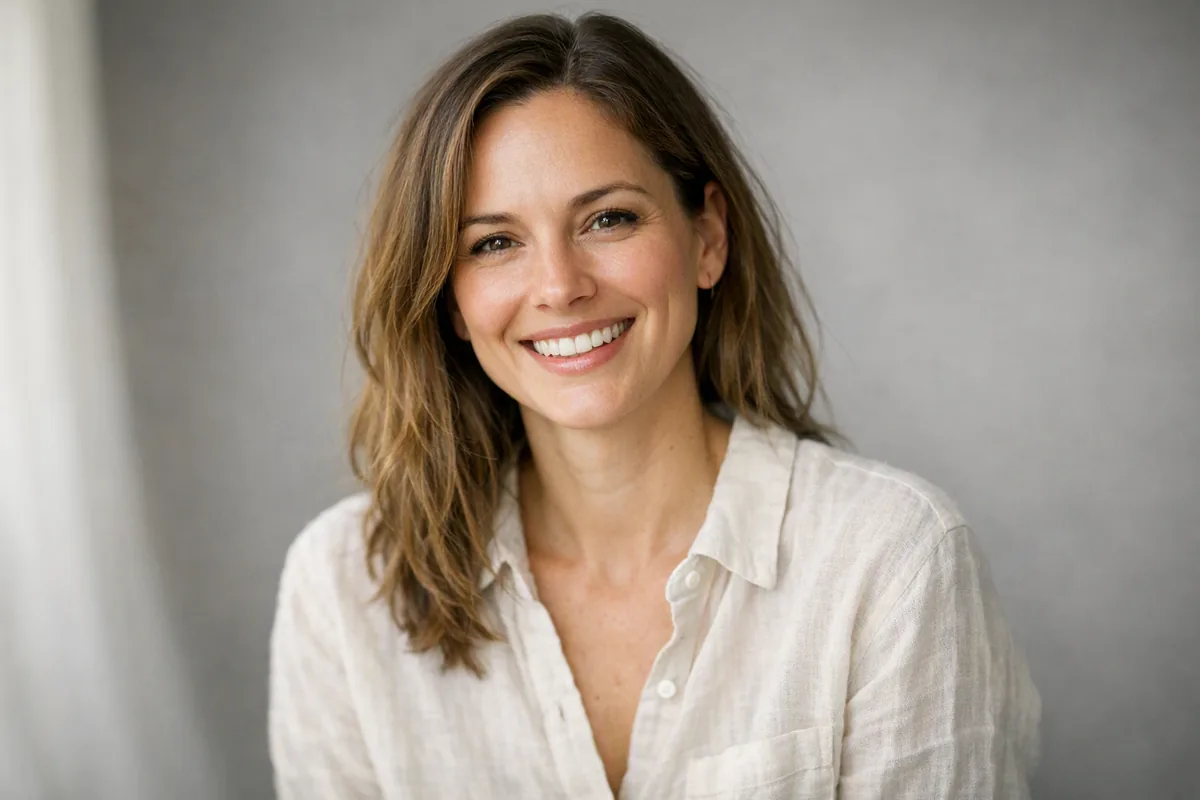 Studio portrait — Studio portrait of a smiling woman in her thirties wearing a linen shirt, natural window light, 85mm lens look, soft grey backdrop, photorealistic