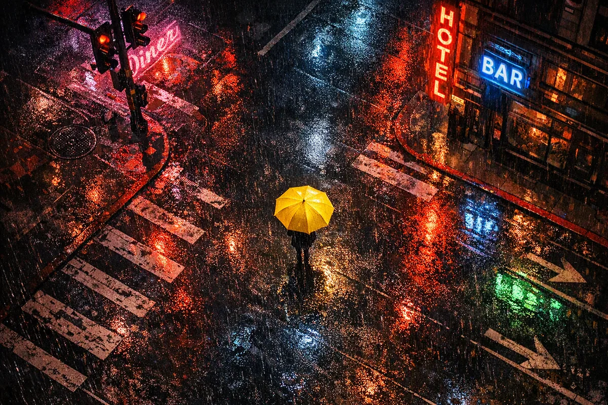 Night street, aerial — Top-down aerial view of a rain-soaked city street at night, neon signs reflecting on wet asphalt, a single yellow umbrella, cinematic, moody