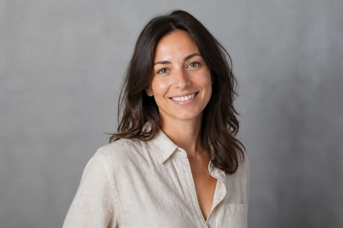 Studio portrait — Studio portrait of a smiling woman in her thirties wearing a linen shirt, natural window light, 85mm lens look, soft grey backdrop, photorealistic