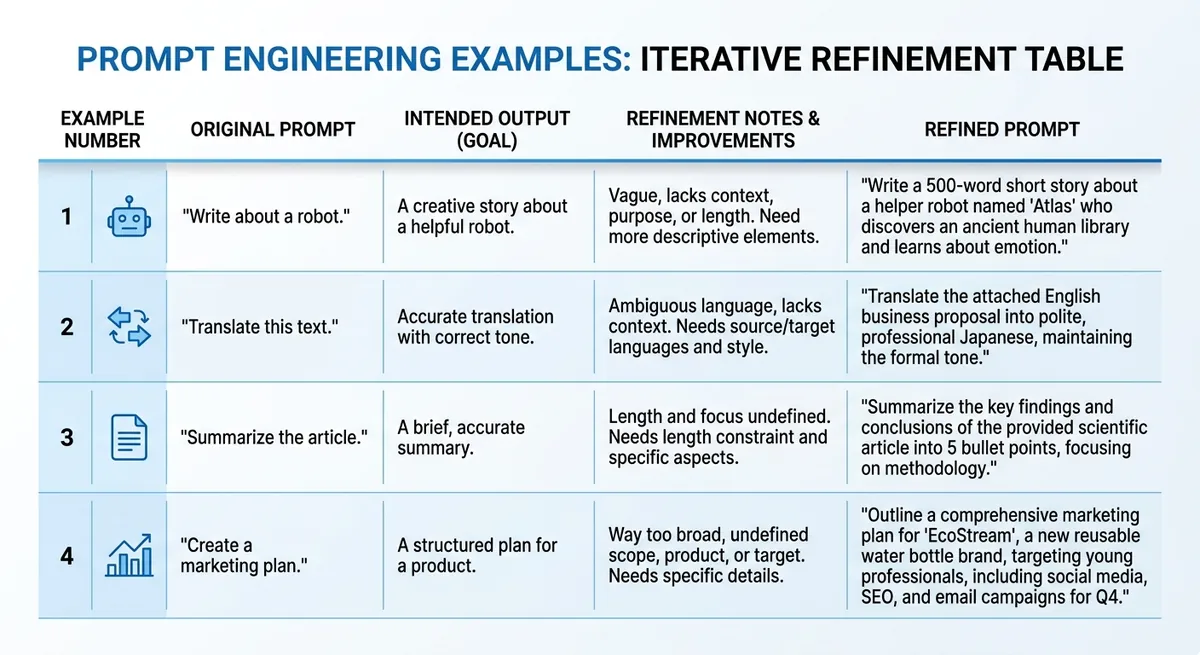Table of prompt examples with intended output and refinement notes.