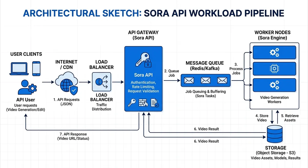 Architecture sketch with API gateway, queue, workers, and storage for sora api workloads.