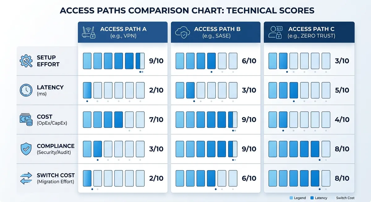 Comparison chart scoring setup effort, latency, cost, compliance, and switch cost across three acces