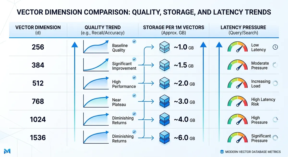 جدول المقارنة الذي يربط 256/384/512/768/1024/1536 باتجاه الجودة والتخزين لكل 1 مليون متجه والكمون