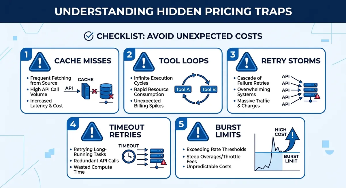 Checklist-style visual of hidden pricing traps with warning icons: cache misses, tool loops, retry s