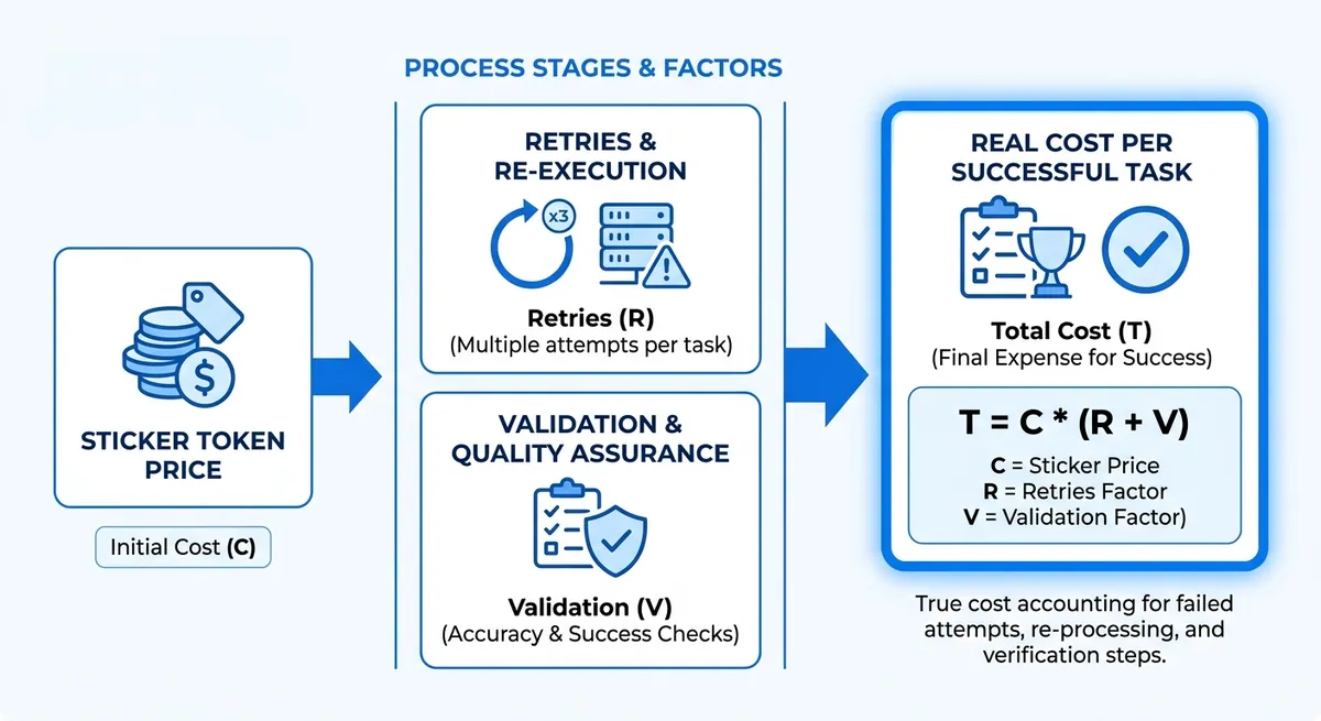 Simple diagram showing sticker token price feeding into real cost per successful task after retries 