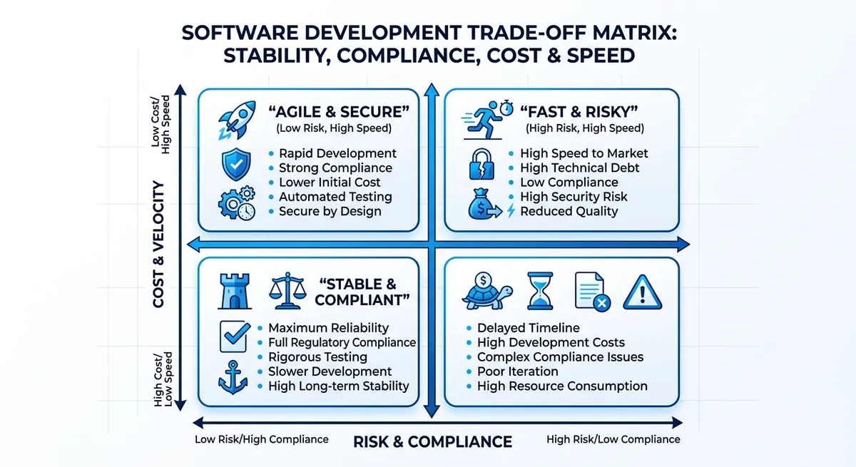 A 2x2 matrix showing stability, compliance, cost, and development speed trade-offs