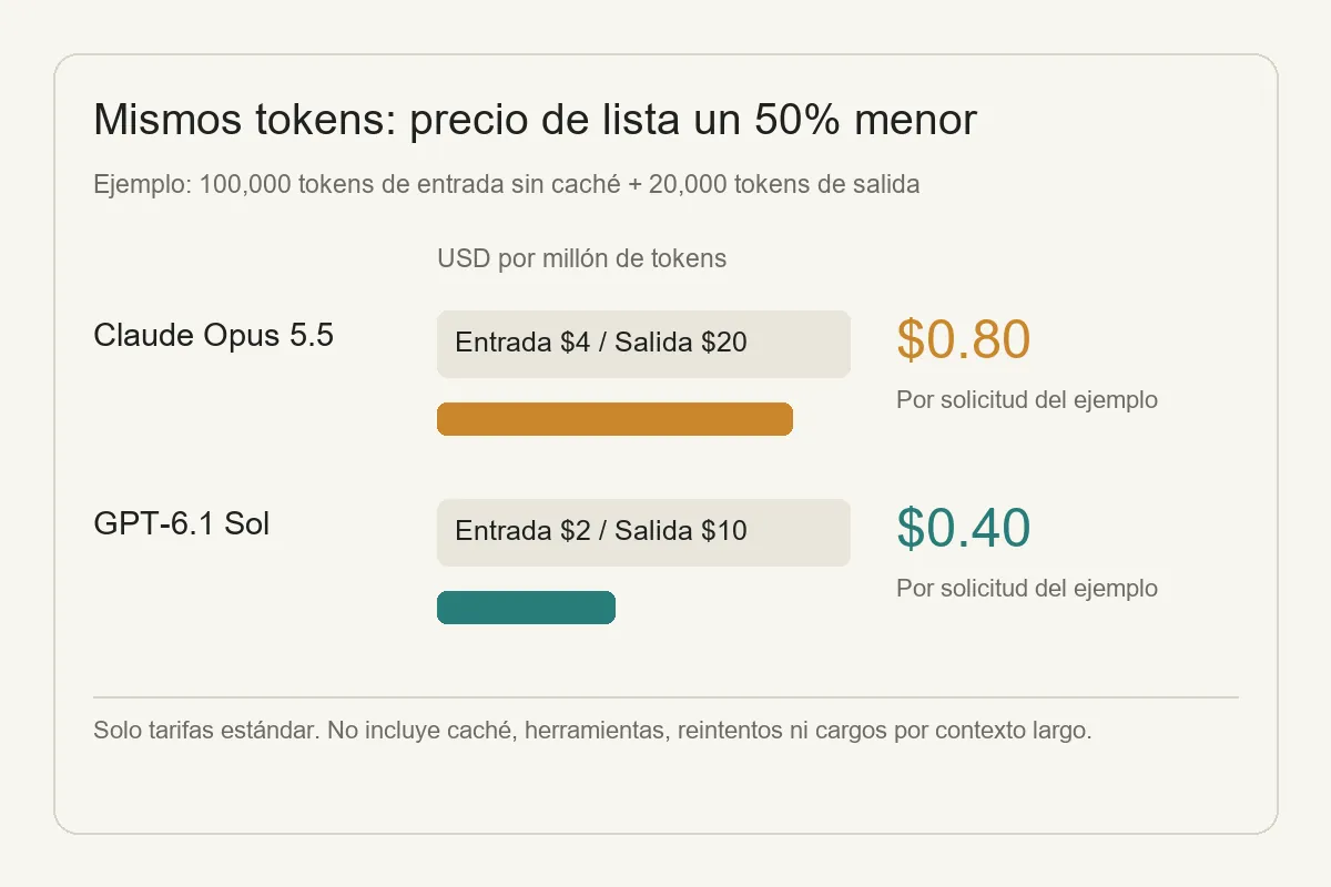 Ejemplo del coste de una misma solicitud estimado con los precios oficiales estándar por token