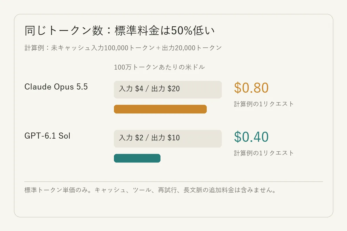 公式の標準 token 料金による同一リクエストのコスト概算例