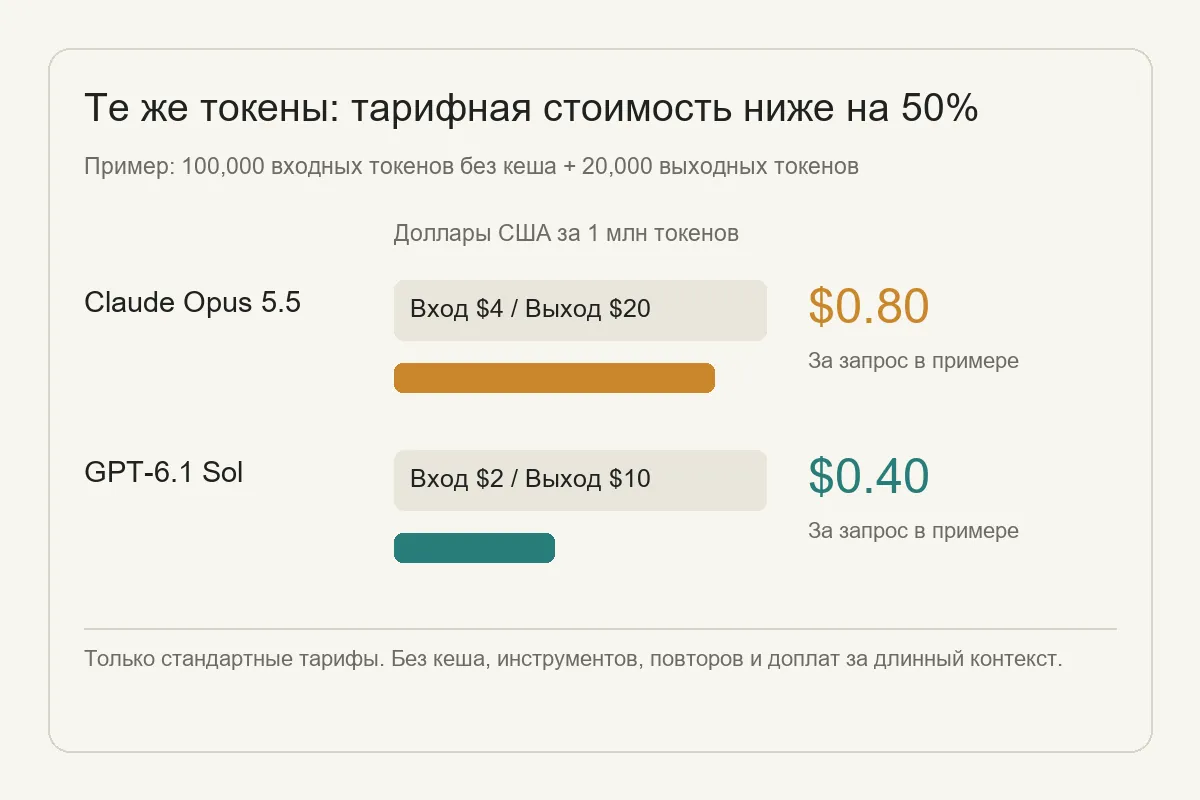 Пример стоимости одинакового запроса по официальным стандартным ценам токенов